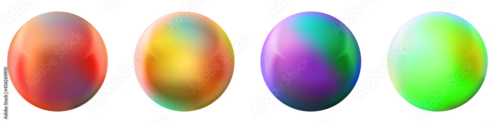 Set with glass colorful balls. Glossy realistic ball, 3D abstract vector illustration highlighted on a white background. Big metal bubble with shadow