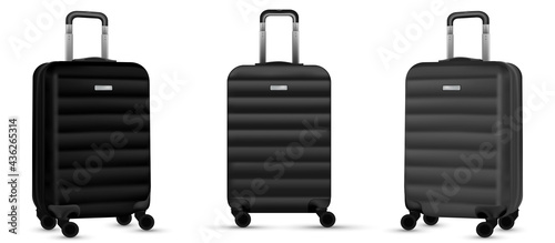 Travel suitcase isolated. Set of silver plastic luggage or vacation baggage bag on white background. Design of summer vacation holiday concept.