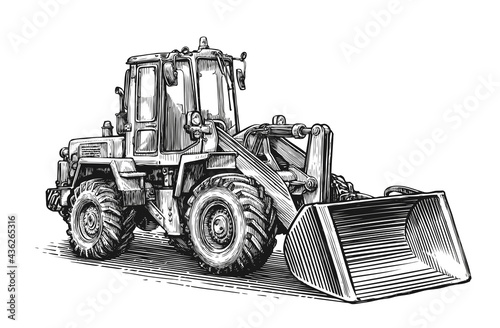 Construction machine sketch. Hand drawn tractor excavator vector illustration