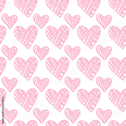 Scribble doodle pink hearts vector seamless pattern. Love Valentine symbols isolated on white. Pink scribble hearts in hand drawn style. Minimal love background. Rosy and white romantic colors.