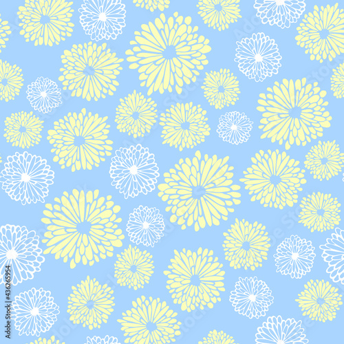 Abstract daisy flower vector seamless pattern. Summer background. Textile print with white and yellow daisy flowers isolated on light blue. Summer meadow blossom seamless pattern. Flat abstract design