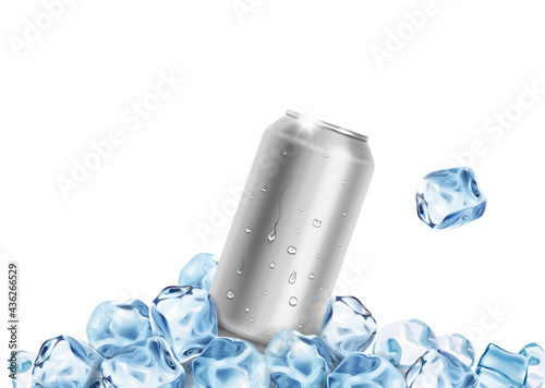 Aluminum beer soda water Tin Can with ice cubes. Blank metallic can for drink juice. Packaging empty mock up