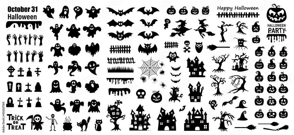 Set of silhouettes of Halloween on a white background. Vector illustration