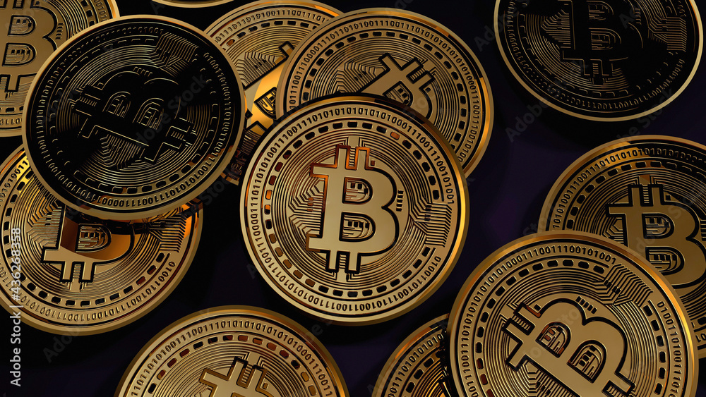 Lots of bitcoins horizontal background - Golden shiny bitcoins on dark background. 3d render illustration.