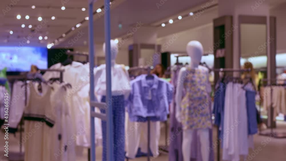 At the entrance to a women's clothing store, there are manikines in a new collection of clothing. An anti-theft frame is installed at the entrance. Shopping in malls Unrecognizable place in blur. At the entrance to a women's clothing store, there are manikines in a new collection of clothing. An anti-theft frame is installed at the entrance. Shopping in malls Unrecognizable place in blur.
