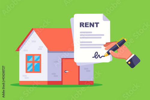 sign a document for renting a residential building. flat vector illustration.