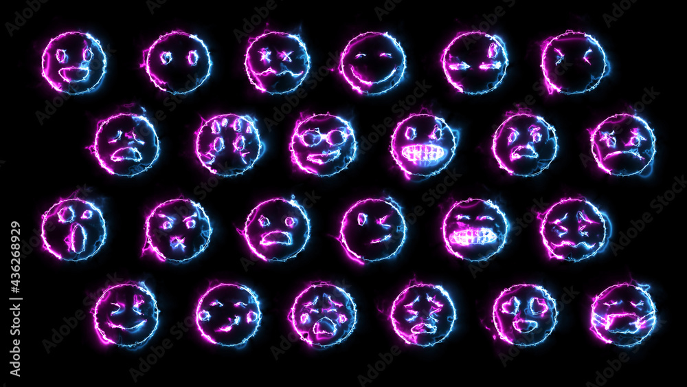 3D rendering of a set of 24 emoji with glow effects 3D rendering of a set of 24 emoji with glow effects
