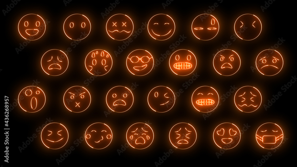 3D rendering of a set of 24 emoji with glow effects 3D rendering of a set of 24 emoji with glow effects
