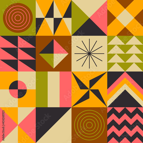 Geometr Wrapping popular squares stickers blocks. Mural trend graphic design Memphis Mixed shapes vector. Retro Flat Maximalism Style. Complex composition.