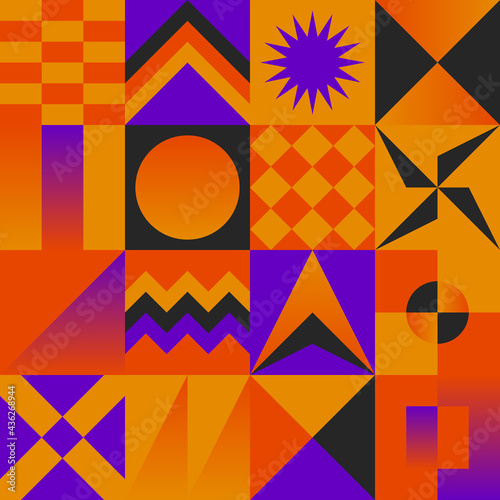 Colorful geometric mosaic of shapes and symbols. Abstract creatine background.