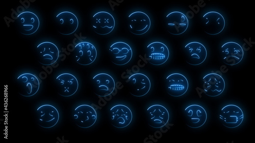 3D rendering of a set of 24 emoji with glow effects