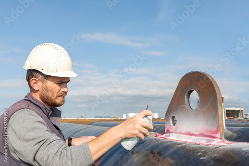 Photography View of the dye penetrant inspection, also called liquid penetrate inspection or penetrant testing (PT)