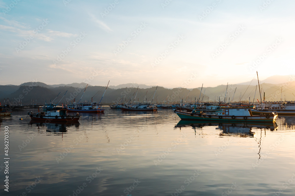 Wide angle view of Boats (Fisherman ship) during sunset on Indonesia.