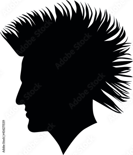Irokese punk hairstyle for a adult men Anarcho punk (or anarchist punk) rocker, bad guy look hairstyle. Pixie Cut Iroquois haircut on a man profile picture vector illustration realistic silhouette