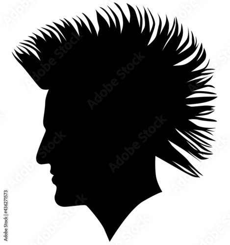 Irokese punk hairstyle for a adult men Anarcho punk (or anarchist punk) rocker, bad guy look hairstyle. Pixie Cut Iroquois haircut on a man profile picture vector illustration realistic silhouette