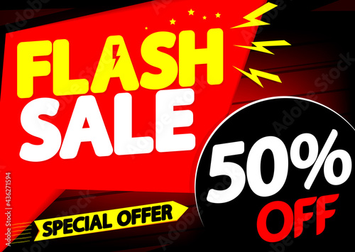 Flash Sale 50% off, poster design template, great offer banner, vector illustration