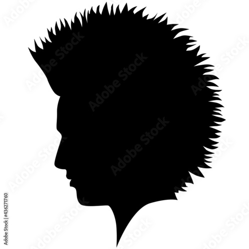 Irokese punk hairstyle for a adult men Anarcho punk (or anarchist punk) rocker, bad guy look hairstyle. Pixie Cut Iroquois haircut on a man profile picture vector illustration realistic silhouette