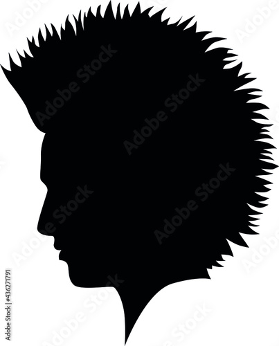 Irokese punk hairstyle for a adult men Anarcho punk (or anarchist punk) rocker, bad guy look hairstyle. Pixie Cut Iroquois haircut on a man profile picture vector illustration realistic silhouette