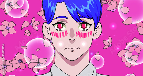 Blue-haired young man in pop art cartoon style. The petals of flowers is falling in front of him. Vector illustration in pastel vivid colors.