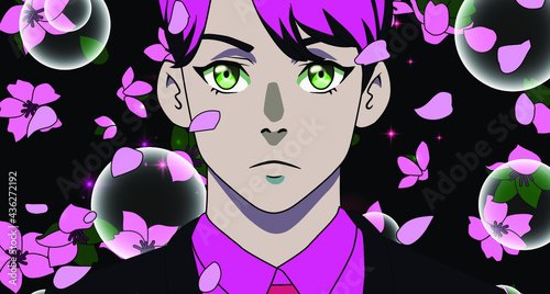 Pink-haired young man in cartoon style. The petals of flowers is falling in front of him.