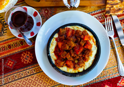 Traditional Turkish Hunkar Begendi, lamb stew served on mashed eggplant photo