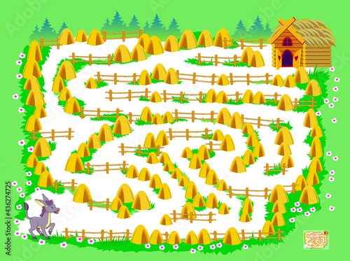 Logic puzzle game with labyrinth for little children. Help the donkey find the way to his house. Worksheet for kids brain teaser book. Play online. Vector cartoon illustration. Maze for kids.