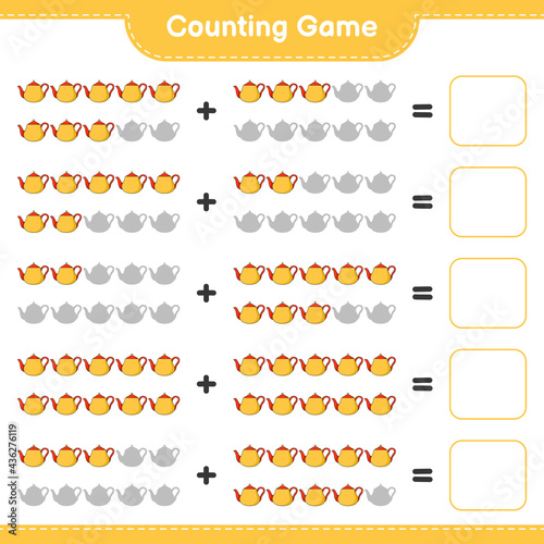 Counting game, count the number of Tea Pot and write the result. Educational children game, printable worksheet, vector illustration