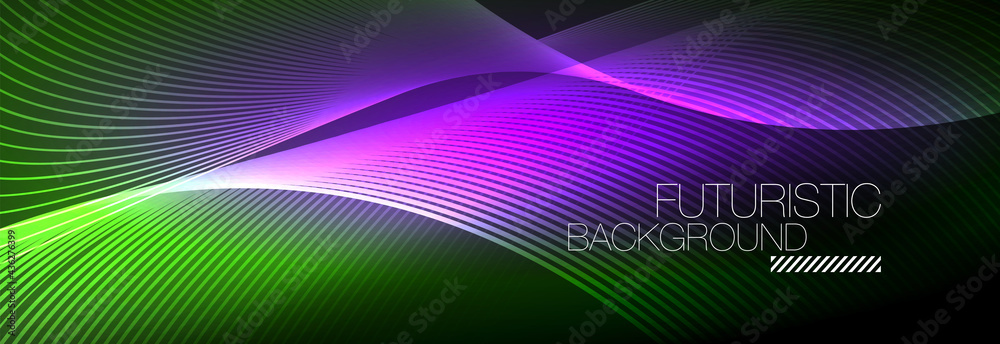 Abstract neon glowing light in the dark with waves. Shiny magic energy and motion concept, vector abstract wallpaper background Abstract neon glowing light in the dark with waves. Shiny magic energy and motion concept, vector abstract wallpaper background