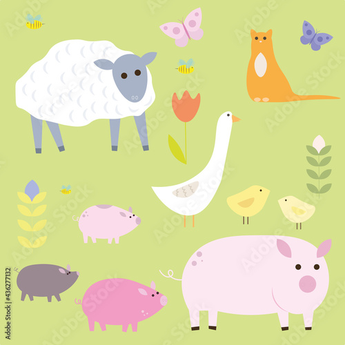 Countryside. Inhabitants of the farm: a sheep, pigs, chickens, goose, butterflies, bees and a ginger cat. Children's illustration.