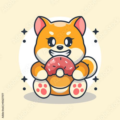 Fototapeta Naklejka Na Ścianę i Meble -  Cute shiba inu dog eating doughnut cartoon