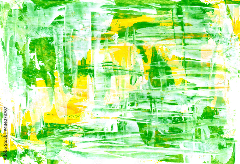 Abstract hand drawn colorful and texture background. Yellow, green and white colors mixed together. Abstract lines and blots. Interior picture, modern art. Beautiful creative print. 