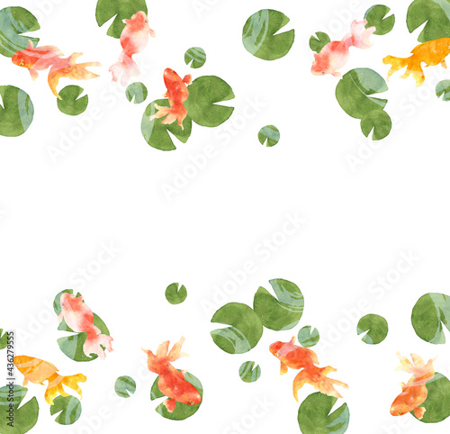 金魚とスイレンの葉の水彩画