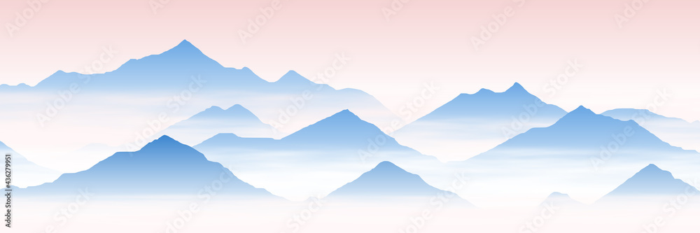 Mountain peaks above the clouds, morning fog. Vector illustration, banner.