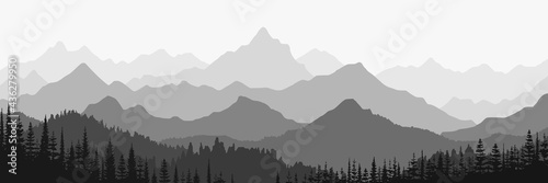 Black and white landscape, panorama of mountains in the morning haze © Valerii