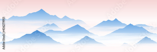 Mountain peaks above the clouds, morning fog. Vector illustration, banner.