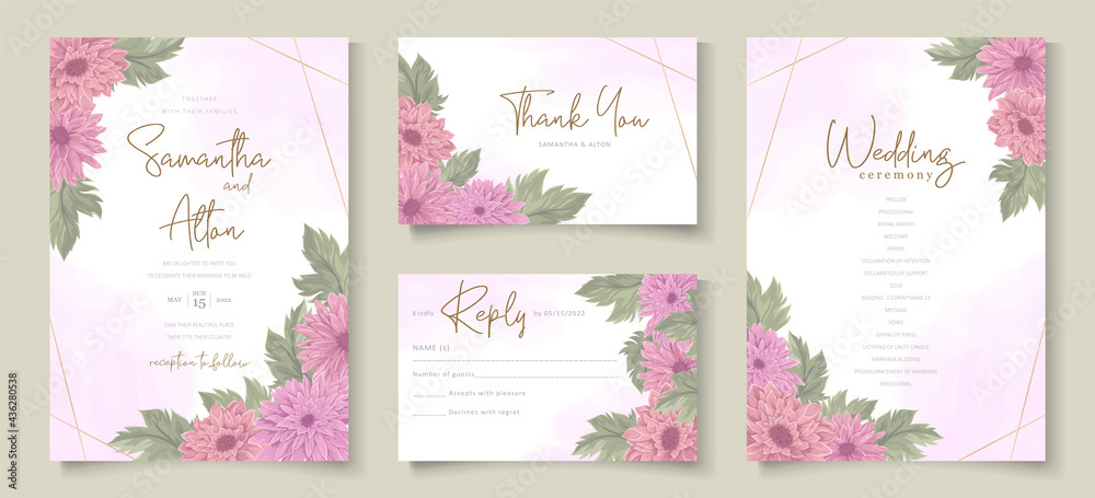 Elegant wedding invitation design with pink chrysanthemum flower ornament