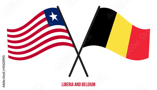 Liberia and Belgium Flags Crossed And Waving Flat Style. Official Proportion. Correct Colors.