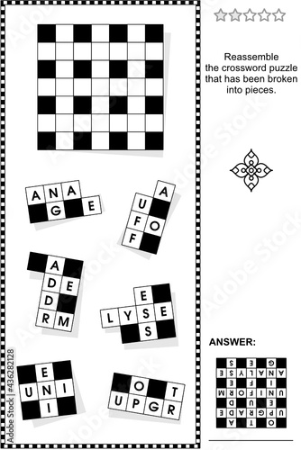 Broken, or jigsaw, crossword puzzle word game (English language). Answer included.
