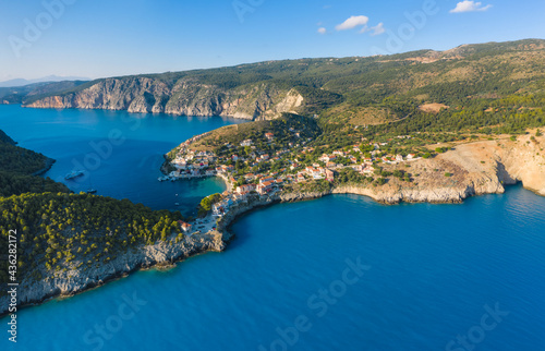 Aerial view of Assos in island of Cefalonia, Ionian, Greece. Aerial drone photo of beautiful and picturesque colorful traditional fishig village