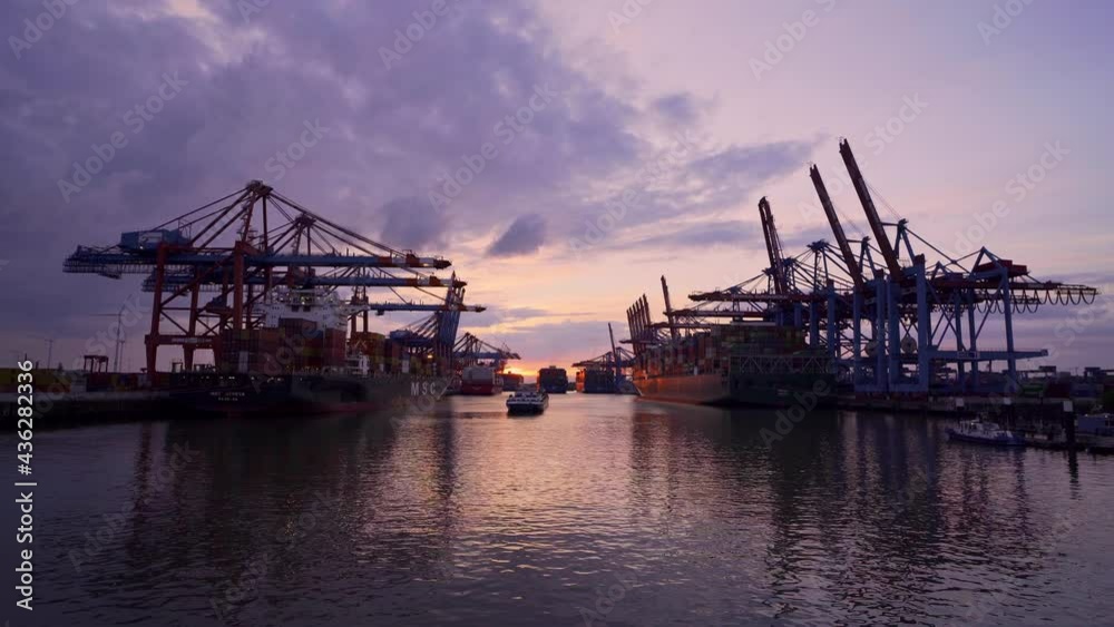 Sunset over the port of Hamburg - travel photography Sunset over the port of Hamburg - travel photography
