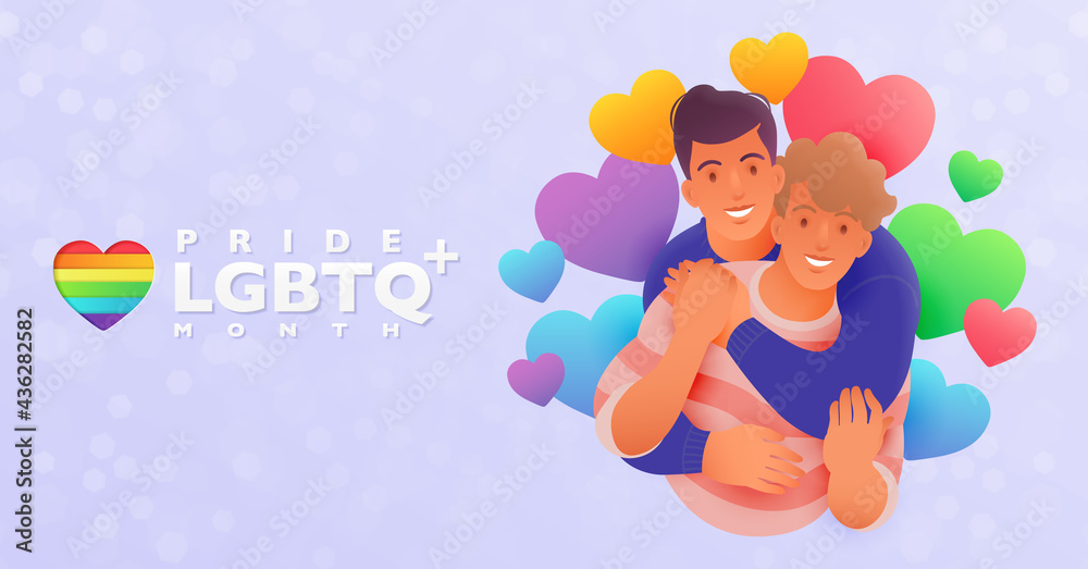 Happy Lgbtq Couple Pride Vector Banner Homosexual Men Hugging With Rainbow Colored Hearts Stock 7905