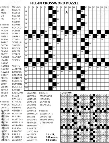 Fill in the blanks crossword puzzle with american style grid of 21x21 size, 68 blocks, 110 words, one letter revealed. Answer included. 