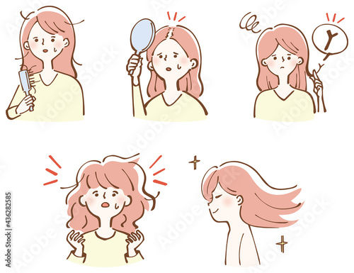 ヘアケア　ダメージヘア　美髪　女性　イラスト　セット