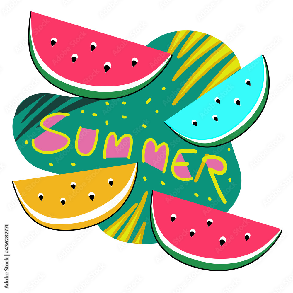 Summer time banner and card design with watermelon vector and beach and ...