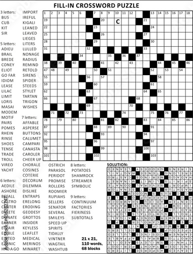 Fill in the blanks crossword puzzle with american style grid of 21x21 size, 68 blocks, 110 words, one letter revealed. Answer included.

