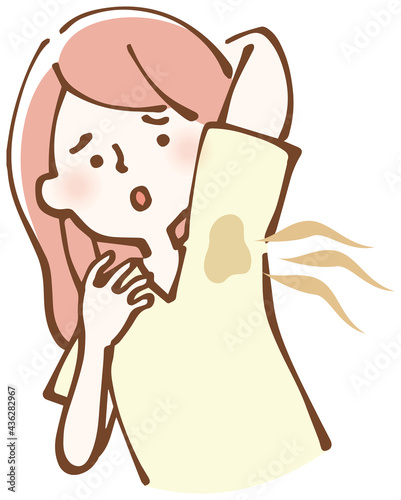 ワキ汗を気にする女性　夏服　イラスト