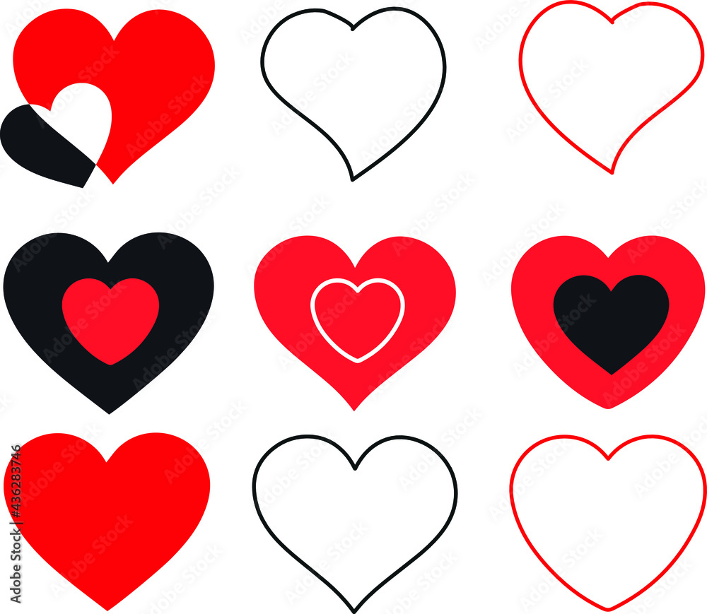 
Vector heart shaped vector of various styles on white background.