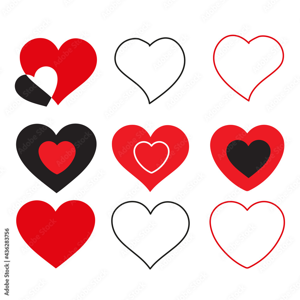 
Vector heart shaped vector of various styles on white background.