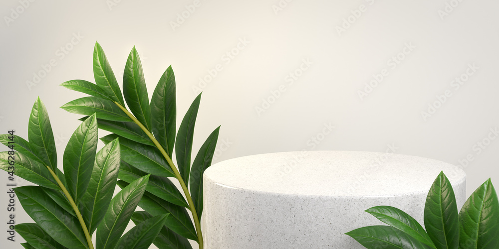 Fototapeta Luxury Minimal White Marble Stage Platform, Summer Green Tropic Plant, Abstract Background 3d Rendering