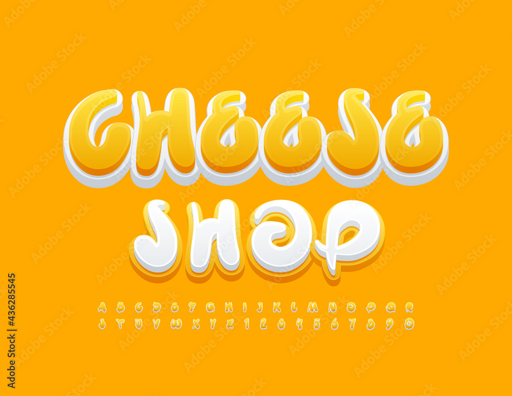 Vector Bright Banner Cheeese Shop. Yellow creative Font. Artistic Alphabet Letters and Numbers.